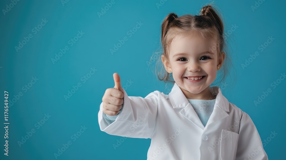 A cute little girl in a doctor's coat giving a thumbs up