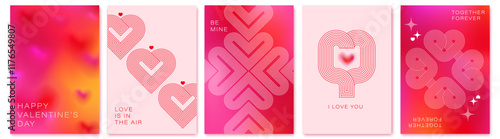 Happy Valentine's day cards set. Modern minimal art design with hearts, mesh gradient. Bright colorful romantic design. Holiday romantic cards, invitations, covers, post, message template.