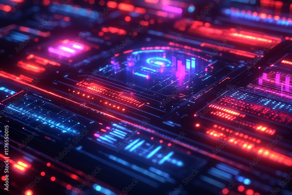 Obraz premium Bright Cyberpunk Neon Circuit Technology with Data Visualization Concept : Generative AI