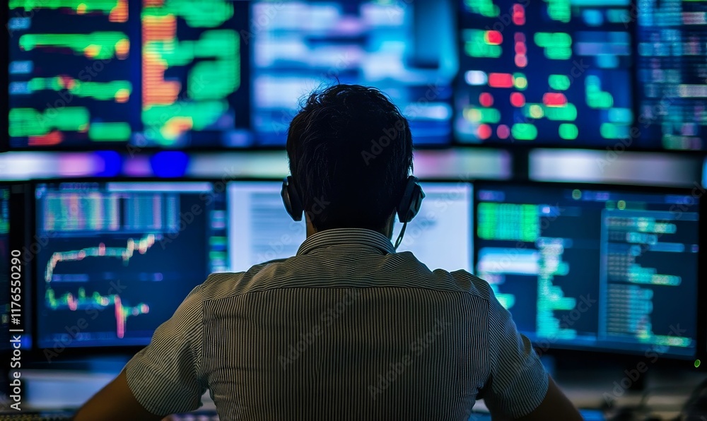 Person wearing headset, facing monitors displaying data. Person wearing headset, facing monitors displaying data.