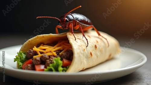 A close-up image of a cockroach insect perched on burito or kebab arranged on a white plate, drawing attention to contamination risks, food safety issues, and unhygienic practices