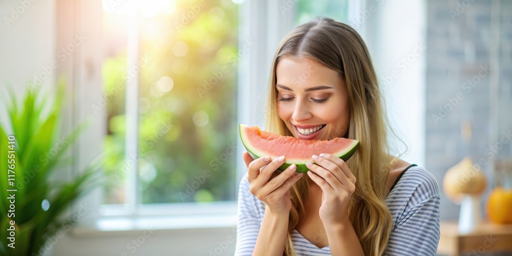 Young woman enjoying a slice of fresh melon in a modern lifestyle setting, healthy eating, fruit, summer, leisure, happiness Young woman enjoying a slice of fresh melon in a modern lifestyle setting, healthy eating, fruit, summer, leisure, happiness