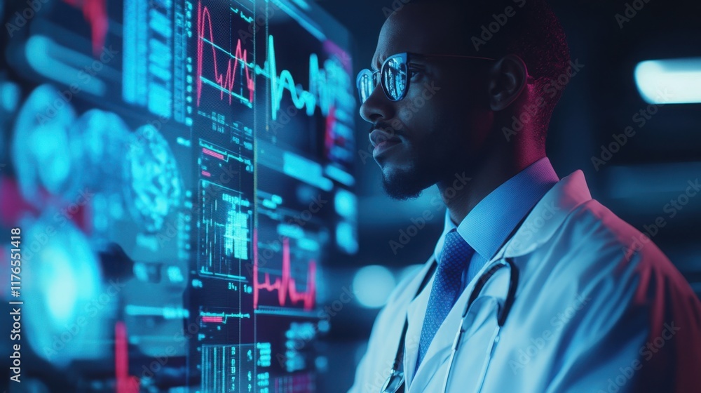 Doctor shown in blended views (front, side) with a double exposure of medical data charts and diagnostic tools. Doctor shown in blended views (front, side) with a double exposure of medical data charts and diagnostic tools.
