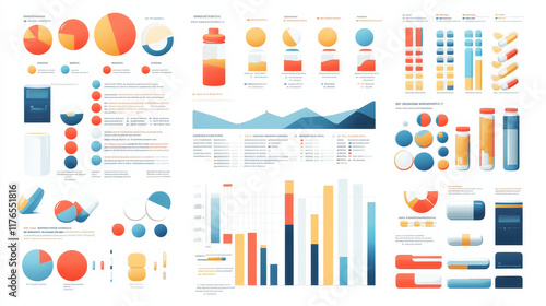 Wallpaper Mural Medical and pharmacy infographics with charts in circle form and bar tubes, histogram and linear charts about sales of pills and drugs, formulas and groups of medicine, pharmacy elements Torontodigital.ca