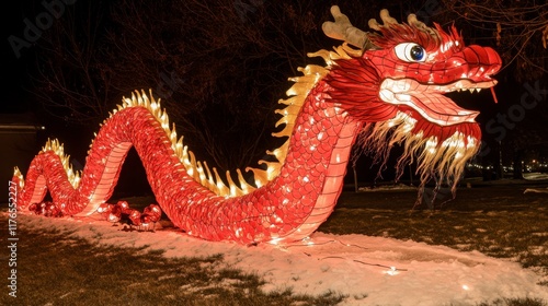 Vibrant Red Dragon Lantern Display Illuminated at Night Festival photo