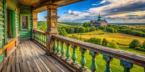 Yasnaya Polyana Estate Balcony: Historic Russian House, Tula Region,  Detailed Architecture, Vintage Wood,  Summer Day photo