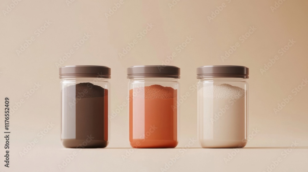 three jars of different colored liquids on a beige background three jars of different colored liquids on a beige background