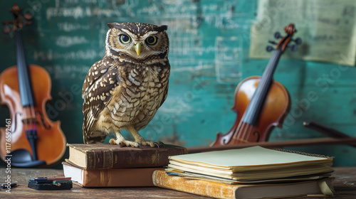 Back to school, education supplies, owl in graduate cap and teacher glasses. Vector back to school college study poster with student pencils and notebook, music classes violin and mathematics formula photo