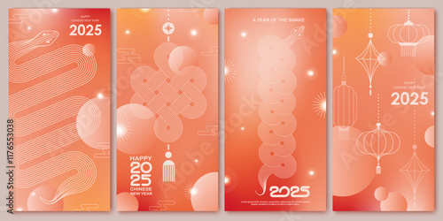 Chinese New Year  vector design cards. 2025 year of the Snake. Lunar new year concept. Geometric modern vector with abstract forms, gradients, snakes. Design for calendar, cover, flyer.