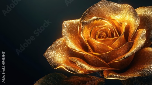 An icon design,3D,golden rose flower icon, Metallic texture, sparkling feeling, ultra clear details. black background. photo