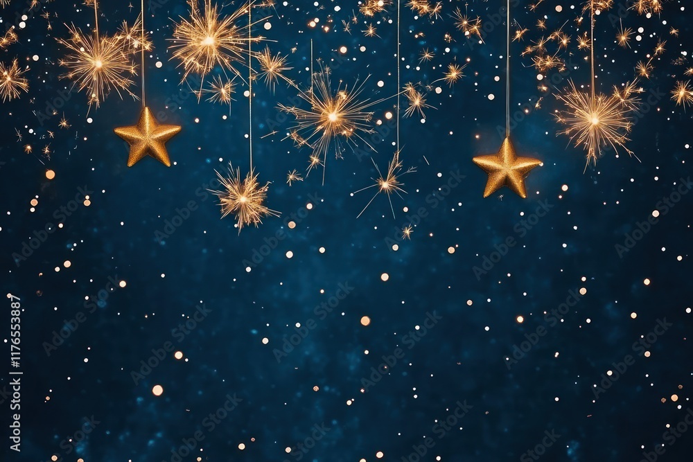 Festive New Year Greeting Card with Golden Fireworks in Dark Blue Night Sky Festive New Year Greeting Card with Golden Fireworks in Dark Blue Night Sky