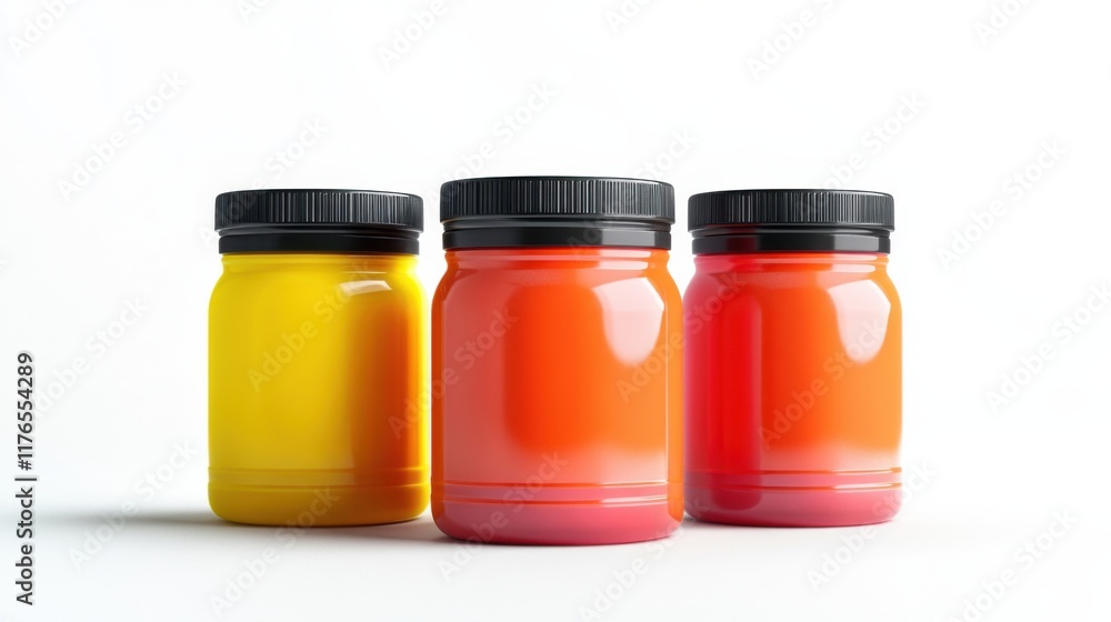three jars of different colors are lined up three jars of different colors are lined up