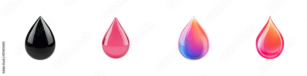 Four distinct liquid droplets in various colors, showcasing a range of hues and shapes. Four distinct liquid droplets in various colors, showcasing a range of hues and shapes.