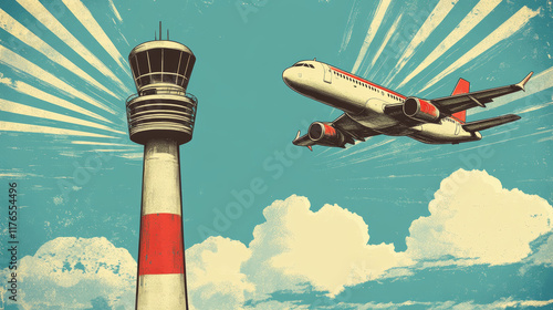 Passenger airline tickets booking service vintage vector poster. Airliner flying in sky, airport tower building and windsock. Airline travel and airplane commercial flight plan promo retro poster photo