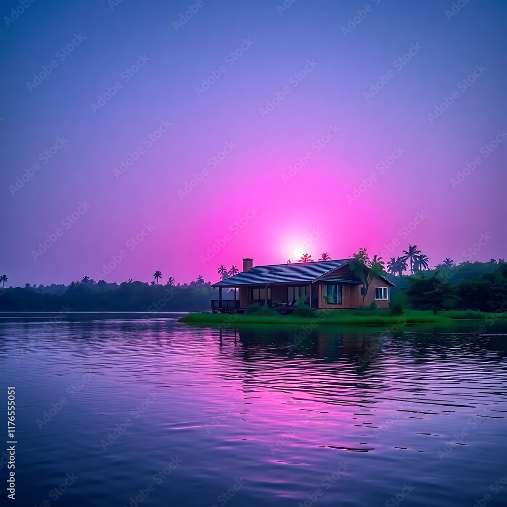 Fototapeta premium sunset on the lake, eco-friendly bungalow on a tranquil lake, lush greenery, morning sun, high contrast, vivid purples, commercial quality