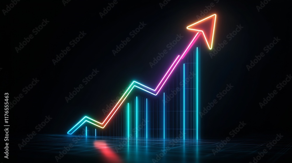 Colorful Neon Arrow with Bar Chart Representing Increasing Business Trends : Generative AI Colorful Neon Arrow with Bar Chart Representing Increasing Business Trends : Generative AI