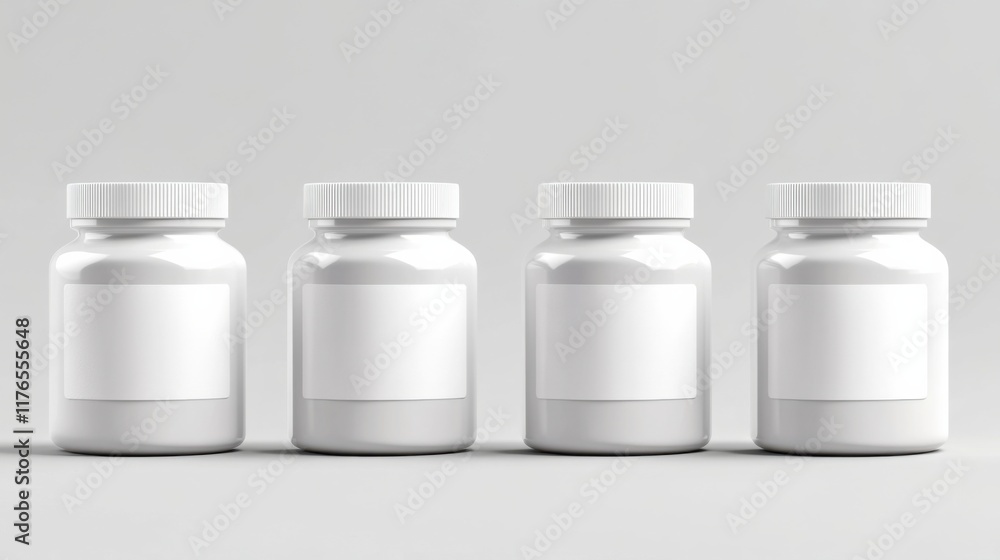a row of white bottles with blank labels a row of white bottles with blank labels