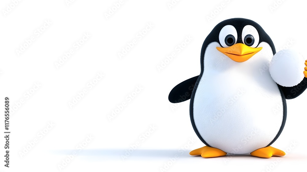 Cute and Playful Cartoon Penguin Holding a Snowball in Winter Cute and Playful Cartoon Penguin Holding a Snowball in Winter