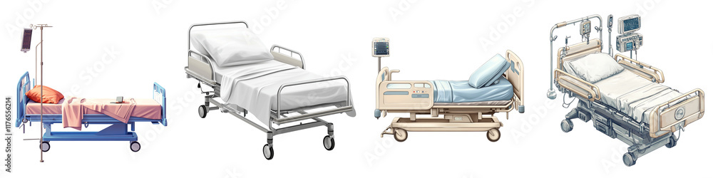 A series of hospital beds in different styles and designs, each equipped with essential features for patient care. A series of hospital beds in different styles and designs, each equipped with essential features for patient care.