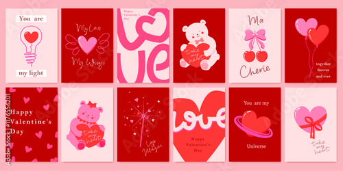 Happy Valentine's day cards set. Cartoon cute art design with hearts, bear, lettering. Bright colorful romantic design. Holiday romantic cards, invitations,  covers, post, message template.