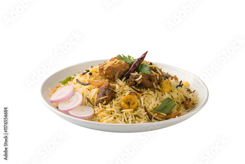 Flavorful Biryani with Chicken, Spices, and Garnishes on White Plate on Transparent Background photo