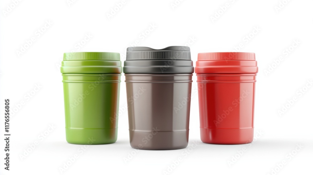 three different colored plastic cups with lids