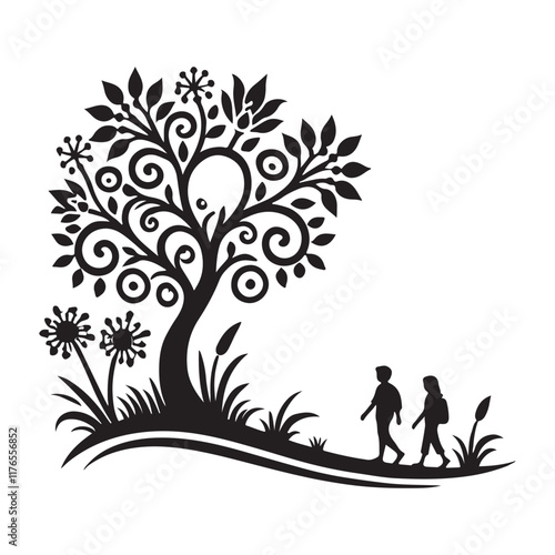 Scenic tree silhouette vector illustration with people walking in nature