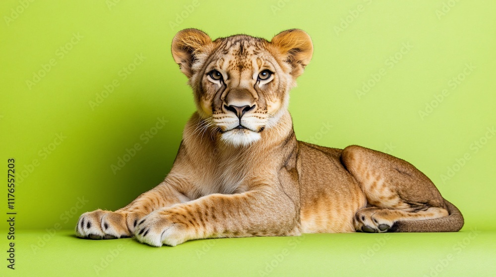Obraz premium Lion Cub Posing Green Background Studio Shot