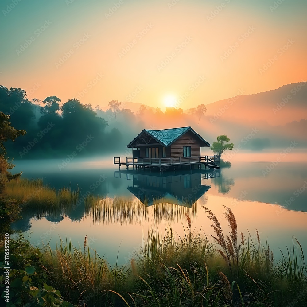 Fototapeta premium warm terracotta and cool teal tones, ethereal spiritual vibe, eco-friendly bungalow perched on a tranquil lake, lush greenery, morning sun casting a golden glow, dreamlike atmosphere
