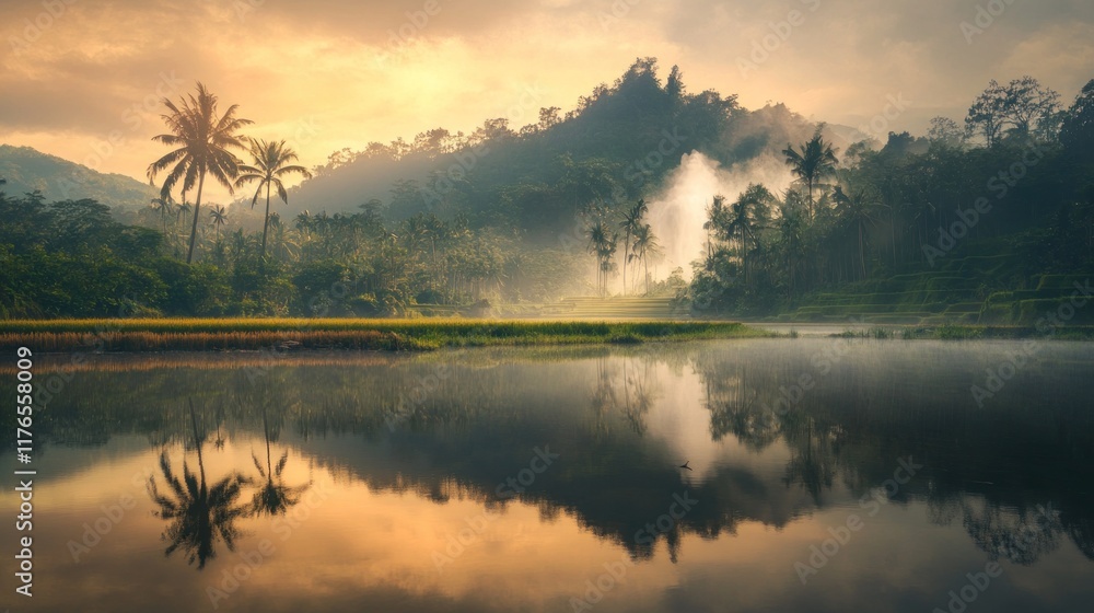 Fototapeta premium Misty sunrise over tranquil lake reflecting lush green hills and palm trees.