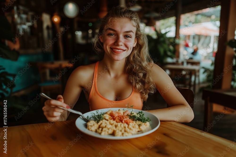 A young woman enjoys a healthy meal featuring eggs and bacon, perfect for those following a Ketogenic diet, supporting her weight loss journey. A young woman enjoys a healthy meal featuring eggs and bacon, perfect for those following a Ketogenic diet, supporting her weight loss journey.