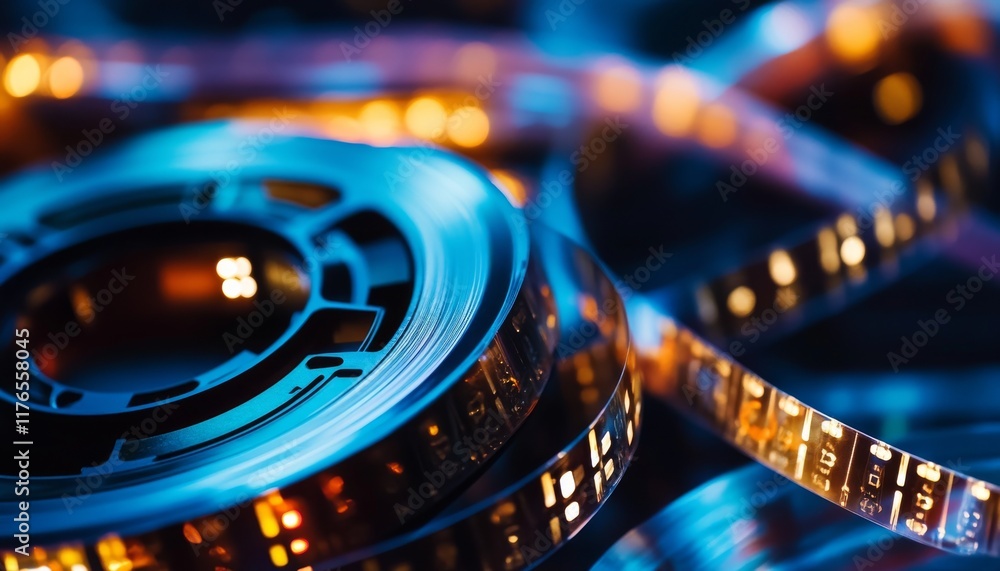 Close-Up of Vintage Film Reels with Cinematic Lighting