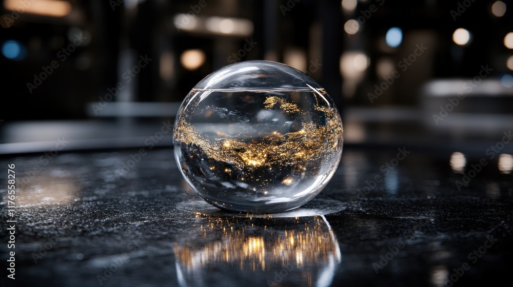 Glass globe with city lights inside, reflecting on dark surface.