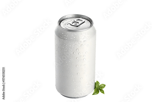 Cold Aluminum Beverage Can with Condensation and Fresh Basil Leaf on Transparent Background photo