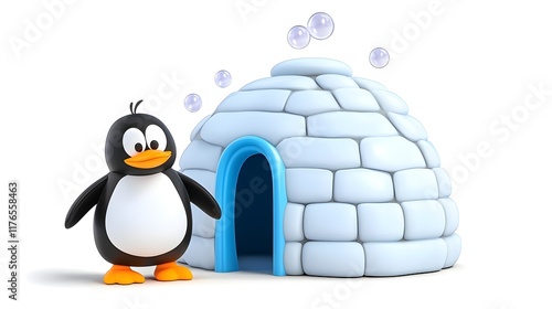 Cute Cartoon Penguin Standing Next to an Igloo with Bubbles