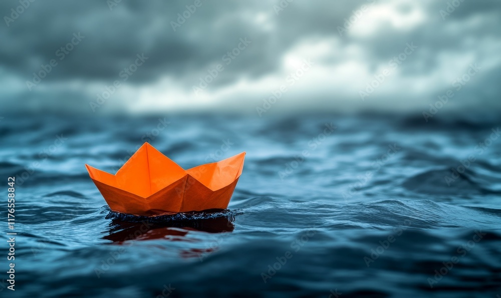 Obraz premium Orange paper boat floats stormy water.