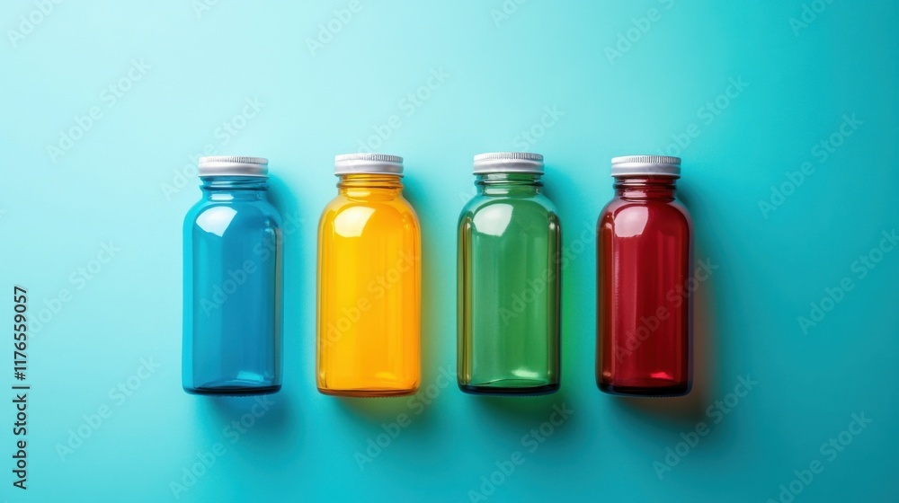 a row of four bottles of different colors a row of four bottles of different colors