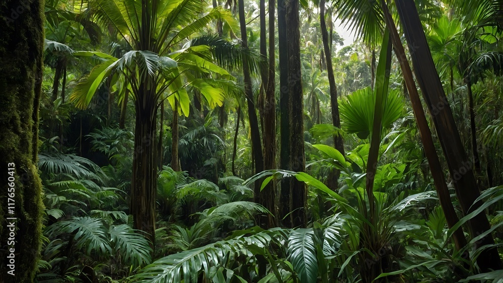 Rainforest Serenity: Livistona chinensis Palms Amidst Lush Light and Shadow Play Rainforest Serenity: Livistona chinensis Palms Amidst Lush Light and Shadow Play