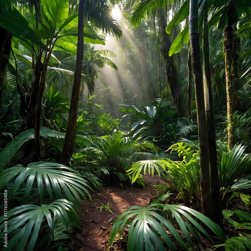 Naklejka premium Tropical Biodiversity: Livistona chinensis Palms in a Lush Rainforest Canopy