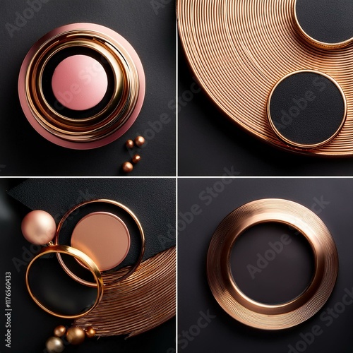 set of black and white buttons, collection of luxurious geometric backgrounds in gold, rose gold, and black frames, featuring abstract 3D circle backdrops for cosmetic products, with ample copy space  photo