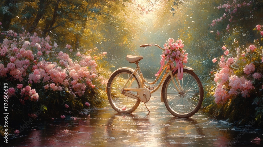 Fototapeta premium Romantic bicycle, flowers, stream, idyllic setting.
