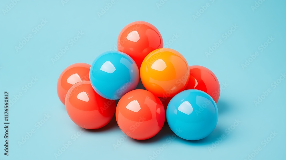 Colorful spheres arranged in a pyramid shape on blue background Colorful spheres arranged in a pyramid shape on blue background