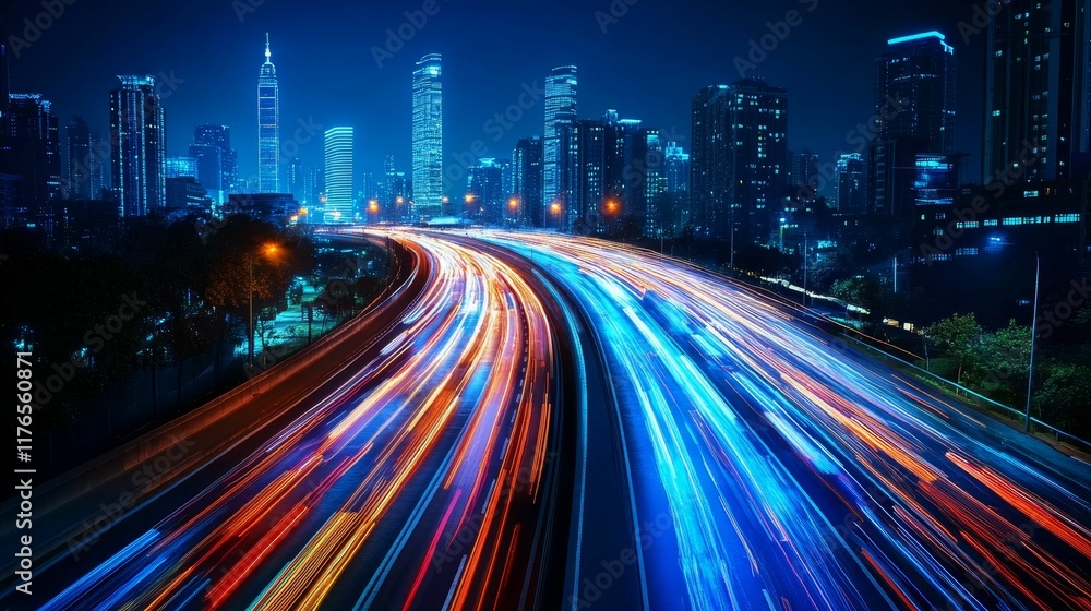 Fototapeta premium Night cityscape, vibrant highway light trails.