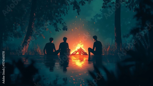 Silhouette of three friends enjoying a bonfire at night by the lake under the serene night sky,perfect for illustrating themes of friendship,serenity