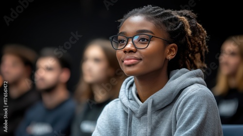 Young woman in glasses looks hopeful.