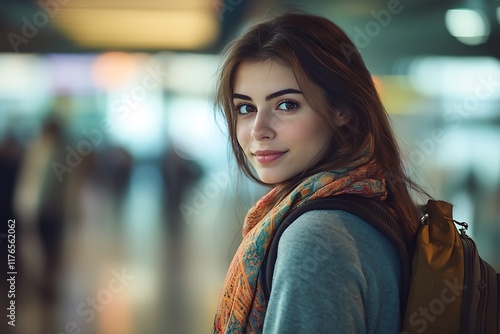 Traveler woman with backpack at airport, vacation and travel concept. photo