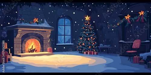 Cozy Christmas Eve Night Scene A perfect illustration for holiday greeting cards,festive advertisements,or winter themed website banners