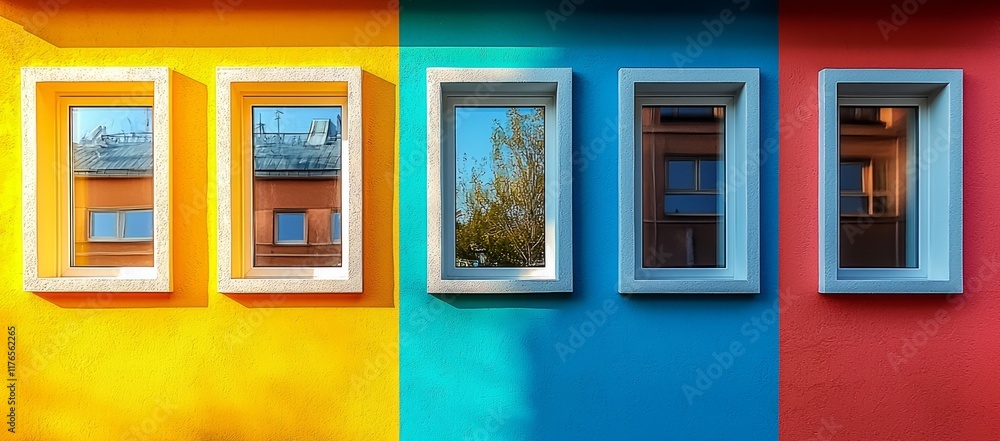 Obraz premium Colorful building facade with five windows reflecting cityscape.