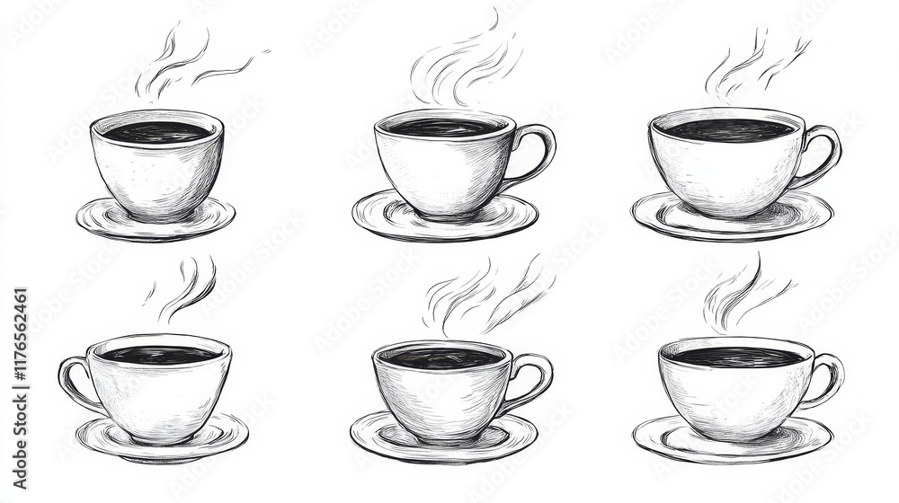 Set of hot coffee beverage doodle sketches showing steaming cups and mugs of hot coffee or chocolate, isolated on white Set of hot coffee beverage doodle sketches showing steaming cups and mugs of hot coffee or chocolate, isolated on white