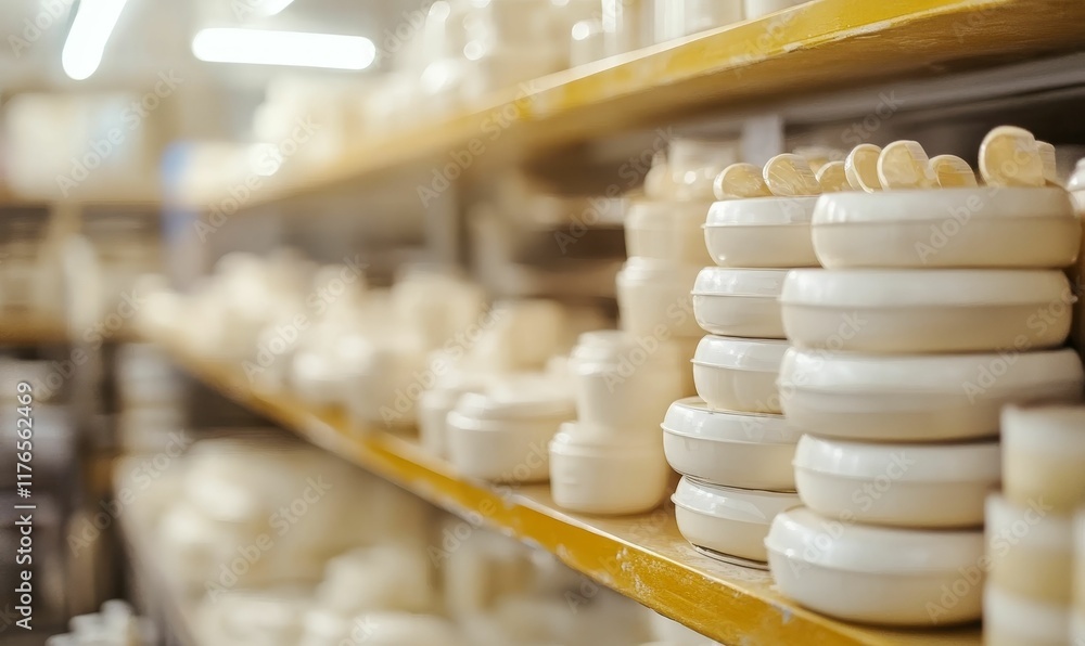 Stacked white bowls on wooden shelves. Stacked white bowls on wooden shelves.